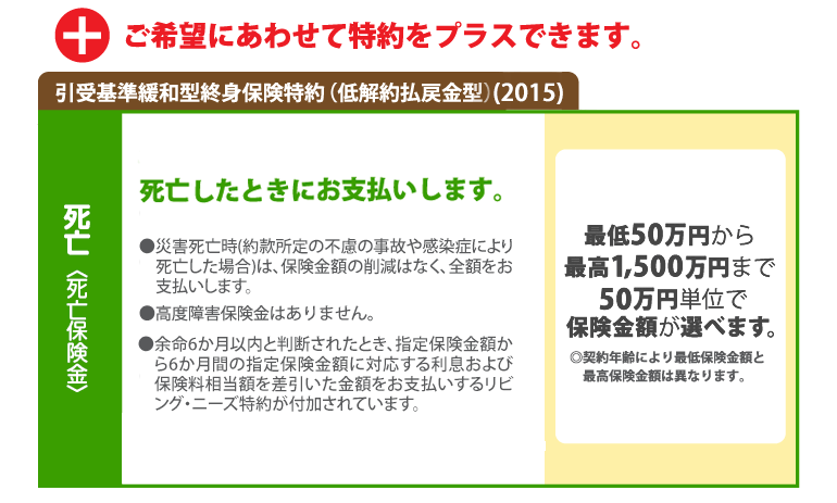 ご希望にあわせて特約をプラスできます。引受基準緩和型終身保険特約（低解約払戻金型）