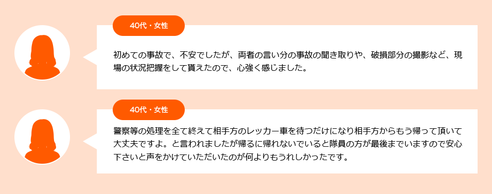 40代・女性：初めての事故で、不安でしたが、両者の言い分の事故の聞き取りや、破損部分の撮影など、現場の状況把握をして貰えたので、心強く感じました。 40代・女性：警察等の処理を全て終えて相手方のレッカー車を待つだけになり相手方からもう帰って頂いて大丈夫ですよ。と言われましたが帰るに帰れないでいると隊員の方が最後までいますので安心下さいと声をかけていただいたのが何よりもうれしかったです。