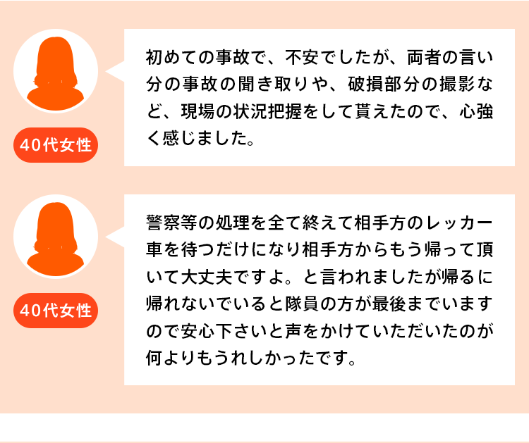 40代・女性：初めての事故で、不安でしたが、両者の言い分の事故の聞き取りや、破損部分の撮影など、現場の状況把握をしてもらえたので、心強く感じました。40代・女性：警察等の処理をすべて終えて相手方のレッカー車を待つだけになり相手方からもう帰っていただいて大丈夫ですよ。と言われましたが帰るに帰れないでいると隊員の方が最後までいますので安心してくださいと声をかけれ頂いたのが何よりもうれしかったです。