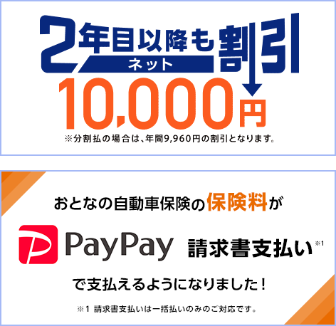 2年目以降もインターネット割引10,000円※分割払の場合は、年間9,960円の割引となります。早割50日前 30日前 契約開始50日前のご契約600円割引 契約開始30日前のご契約400円割引※ ※分割払の場合は、年間360円の割引となります。
