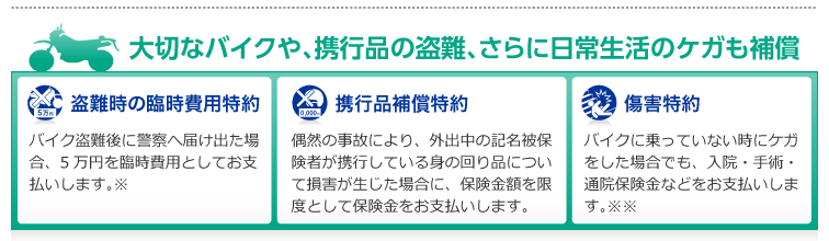 大切なバイクや、携行品の盗難、さらに日常生活のケガも補償
