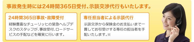 事故発生時には24時間365日受付、示談交渉代行もいたします。